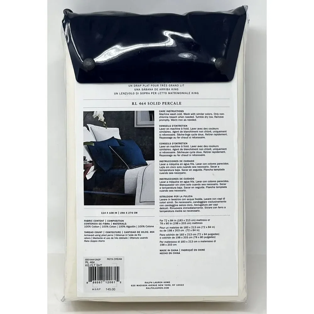 Ralph Lauren RL 464 Thread Count KING Flat Sheet Regatta Cream Cotton Percale